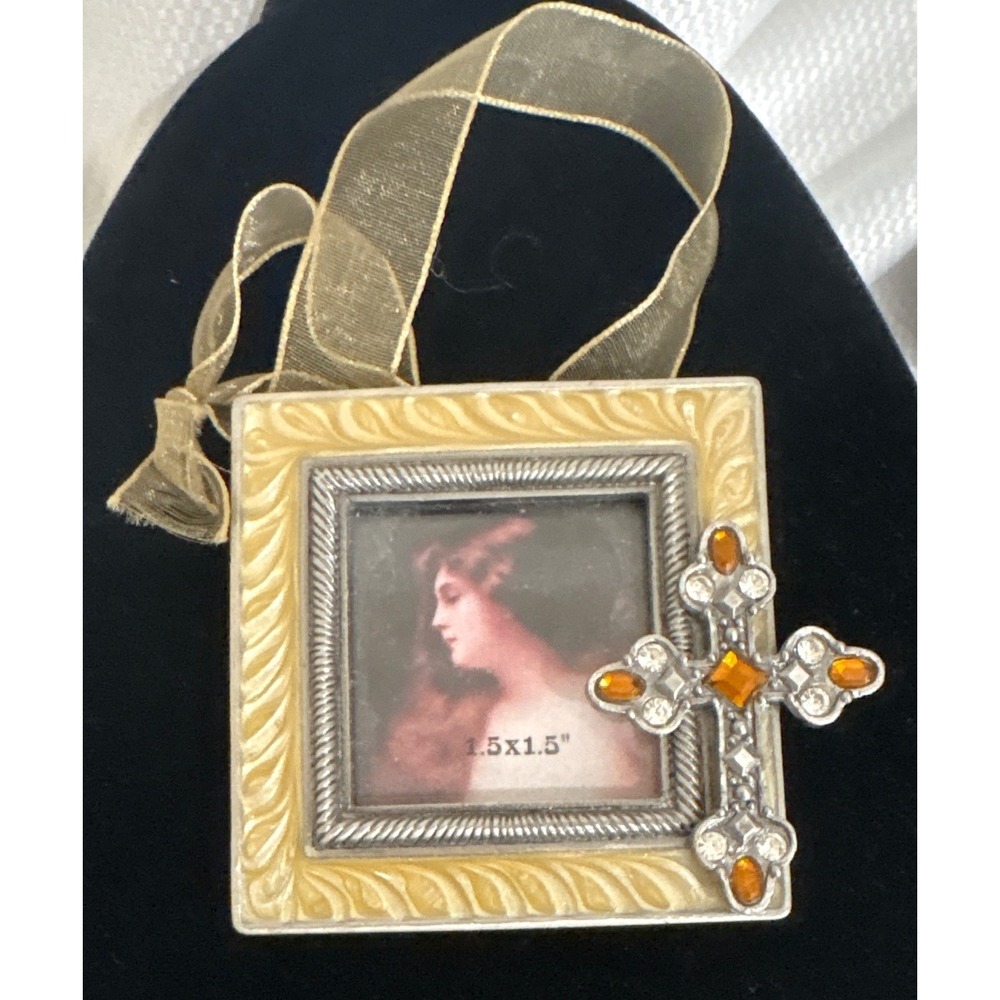 Vintage Style Silver Cream Enamel Mini Picture Frame Rhinestone Cross Ornament